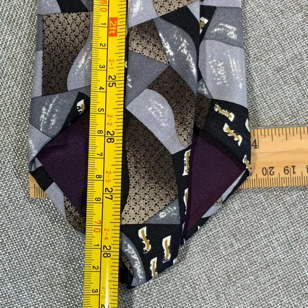 Vintage Barrington Silk Tie Black Silver Gold Abstract Geometric Necktie